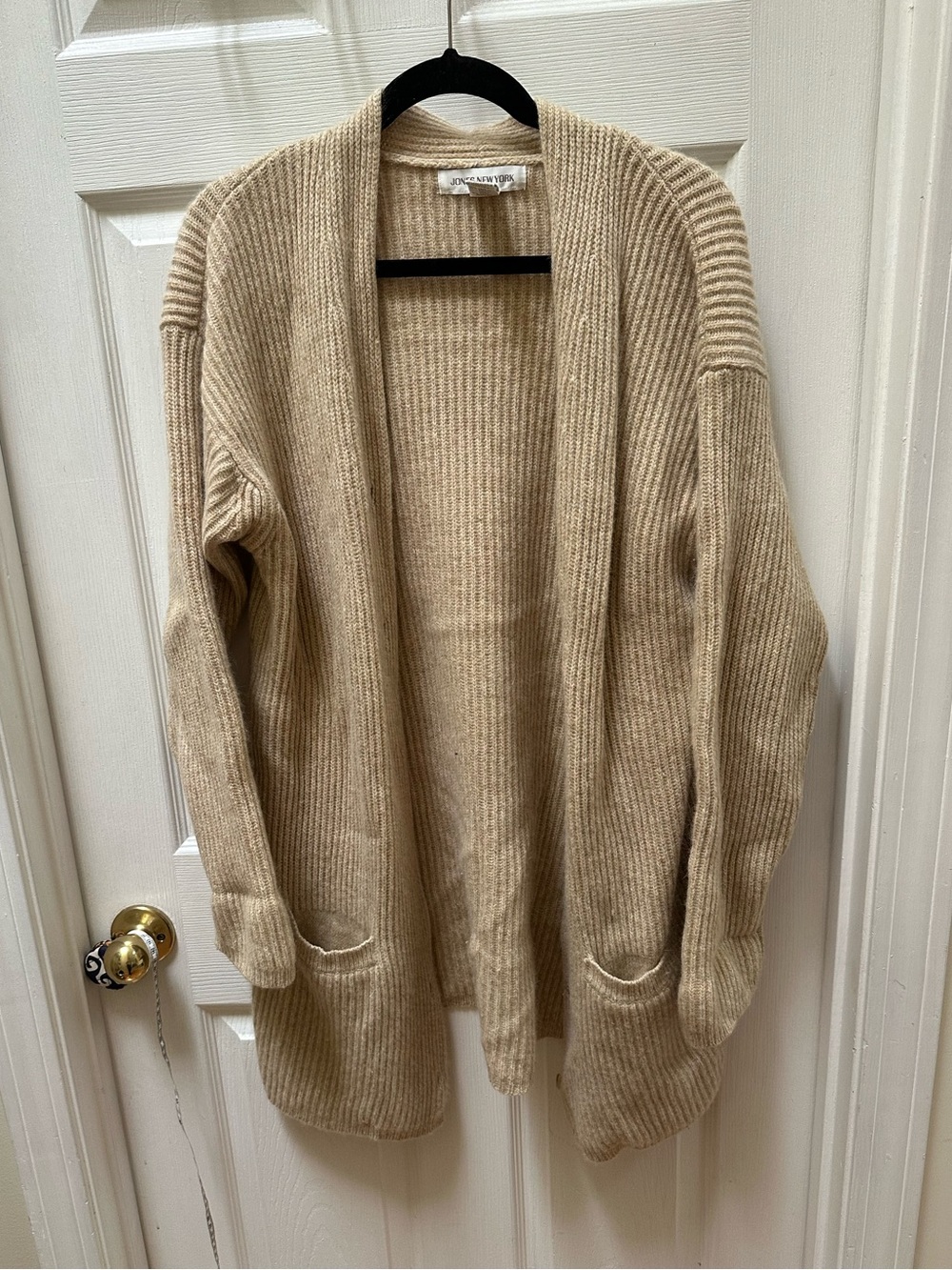 Jones New York Beige Ribbed Open-Front long Cardigan sweater wool angora l large